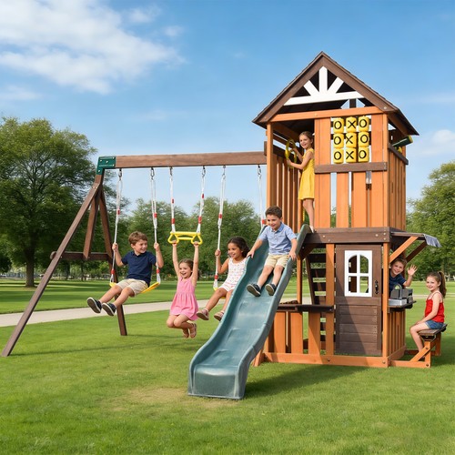 Large wooden kids swing slide - kids,