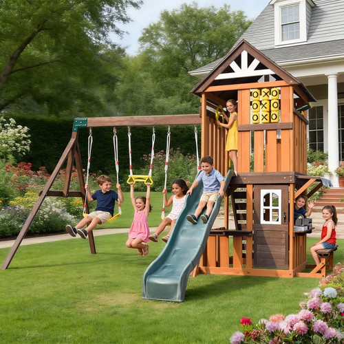 Kids large wooden swing - swing, slide
